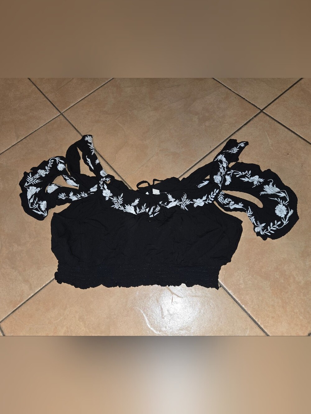 American Eagle Outfitters Black Crop Top with White Floral Embroidery